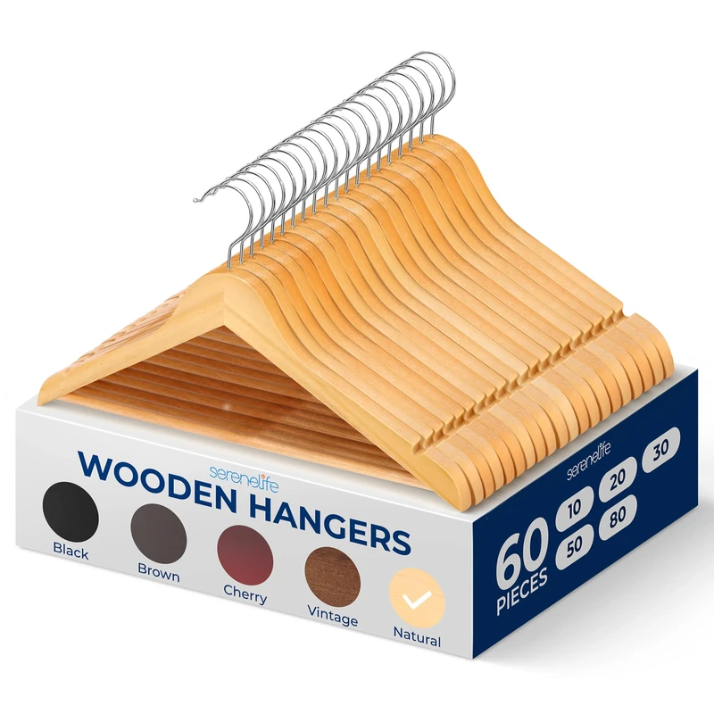 Solid Wooden Hangers, Mega Pack, 60 pieces Hangers for Clothes, Heavy Duty Suit Hanger Set with Chrome 360 Degree Swivel Hook, Notched Design, Natural Wood Color