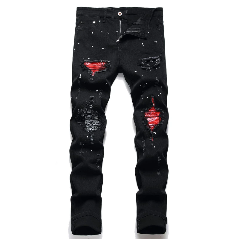 OIIIO Men's Patch Ripped Stretch Regular Fit Jean, 6616-black, 36