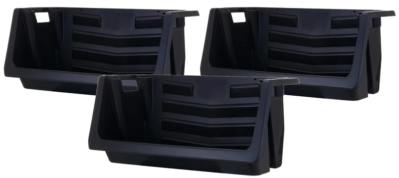 Mighty Tuff Heavy Duty Nesting Stack Bins, Pack of 3, Extra-Large Handles, Wide Front Opening, Interlocking, Stack Vertically, Holds Up To 100 Pounds, Black