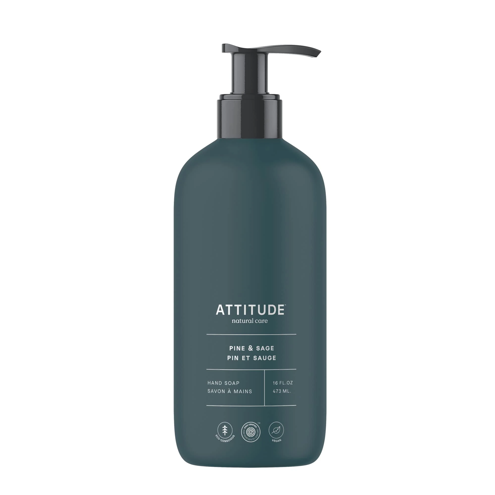 ATTITUDE Liquid Hand Soap, EWG Verified, Plant and Mineral-Based, Dermatologically Tested, Vegan, Pine & Sage, 473 mL