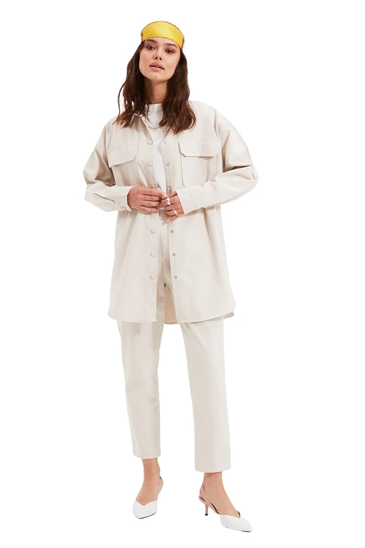 Trendyol Women Plain Button Detailed Middle Woven Shirt-Trousers Modest Top-Bottom Sets Beige