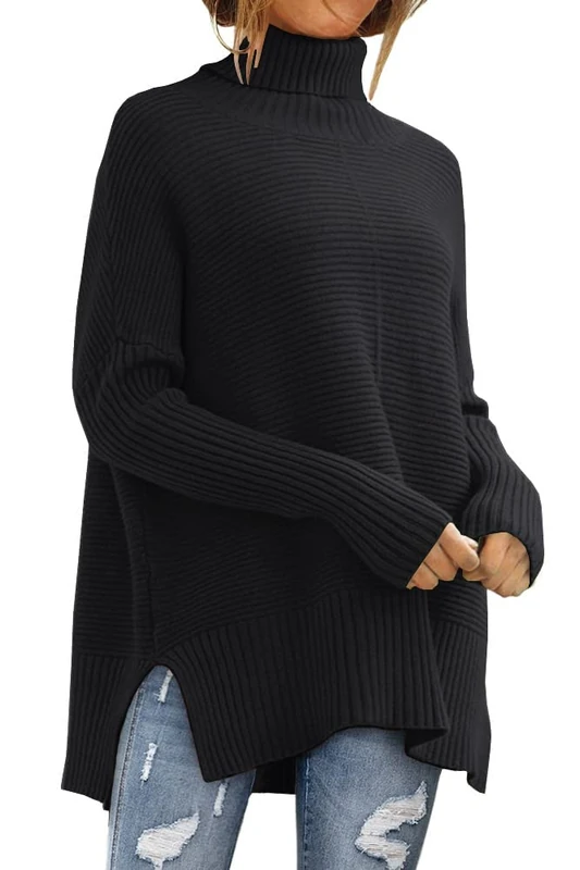 LILLUSORY Women's Oversized Turtleneck Sweaters Fall Batwing Sleeve Ribbed Tunic Sweater, Black, Small