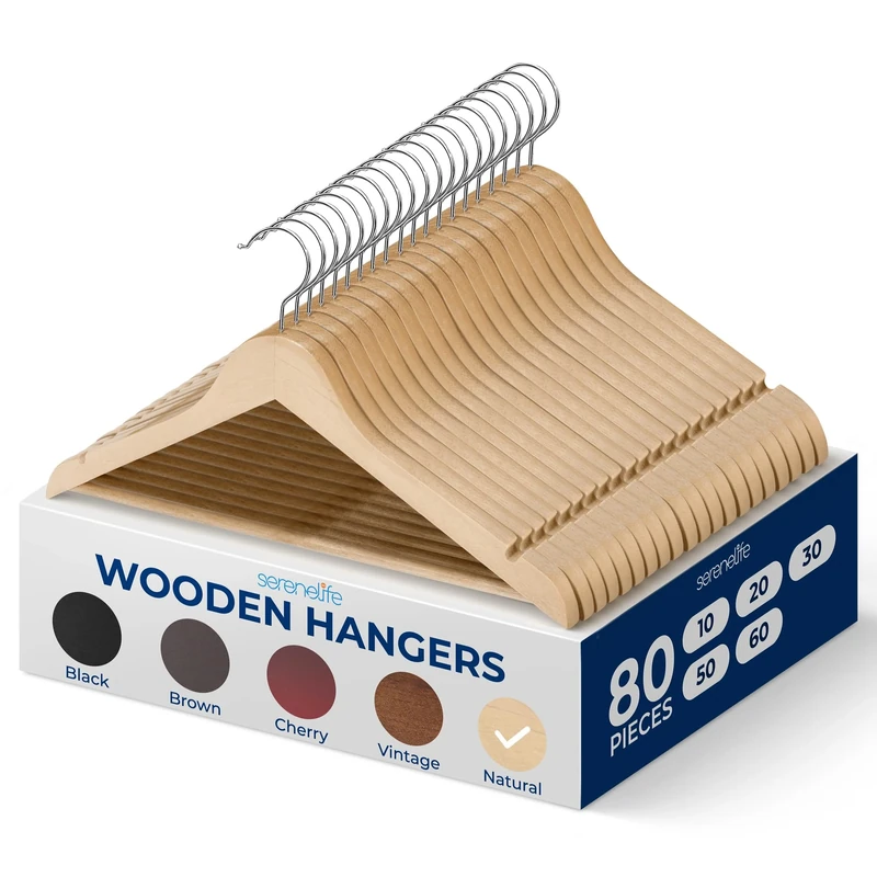 SereneLifeHome Solid Wooden Hangers, Mega Pack, 80 Pieces Hangers for Clothes, Heavy Duty Suit Hanger Set with Chrome 360 Degree Swivel Hook, Notched Design, Natural Wood Color