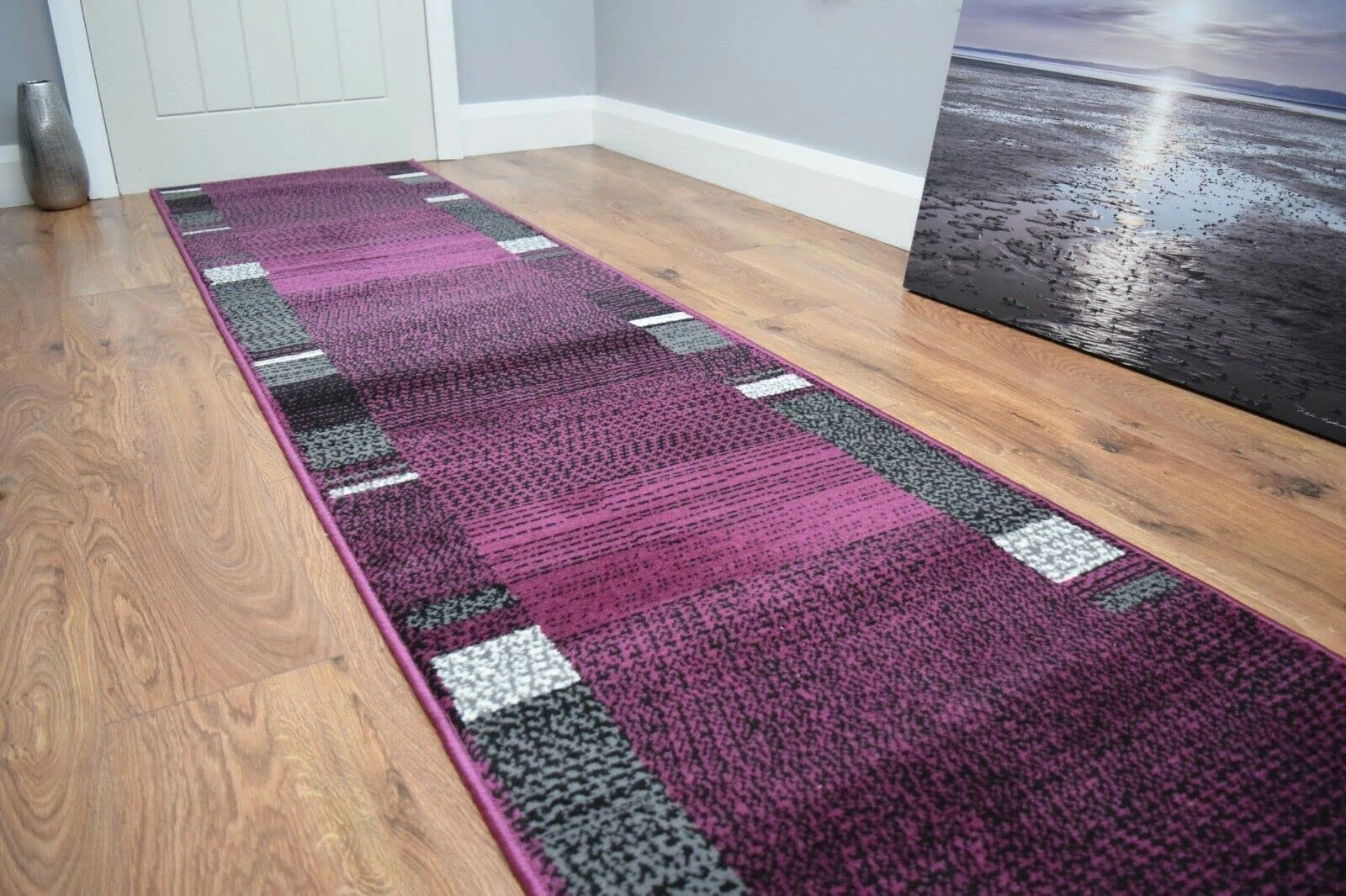 SrS Rugs® Luna Collection, Modern Long Carpet Runner Rug for Entrance Hall and Stairs. Smooth Soft 8mm Depth Pile. 70cm Wide. Any length (Purple Borders, Length: 5' (152cm))