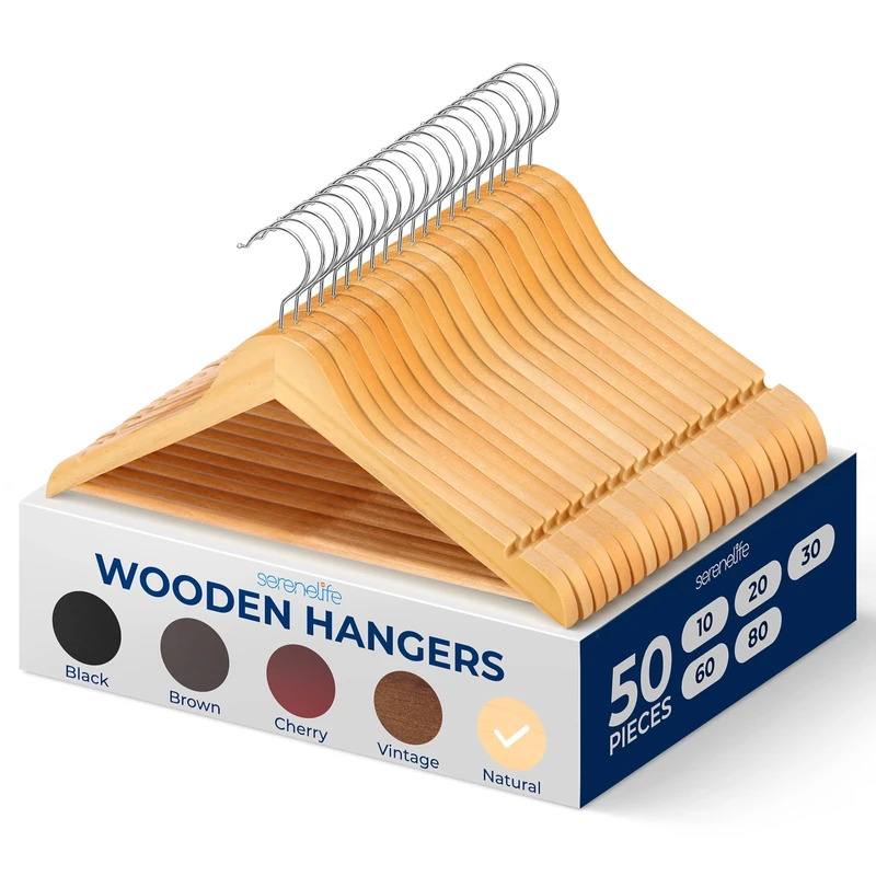 SereneLife Wood Hangers - Space Saving Heavy Duty Slim Suit Clothes Hanger Set with 360 Degree Swivel Metal Hook, Can Hold Up to 4.5 kg, for Coats, Jackets, Pants & Dress (50 Pieces)