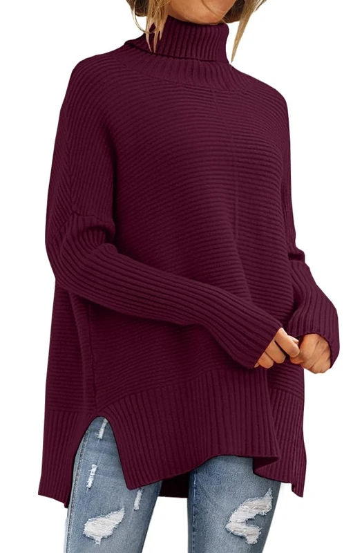 LILLUSORY Women's Oversized Turtleneck Sweaters Fall Batwing Sleeve Ribbed Tunic Sweater, Wine Red, M