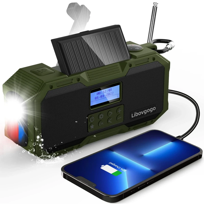 Portable DAB FM Radio with Waterproof Bluetooth Speaker, Crank Radio with Mobile Phone Charging Function, Solar, 4000 mAh Power Bank, Torch, Strobe Light, Reading Light, Alarm Clock, SOS Alarm