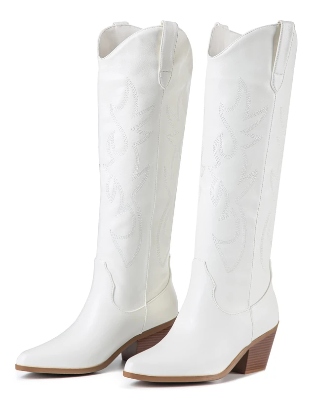 ZXHYZLZ Women's Cowboy Boots Knee High Seam Mid Heel Block Heel Almond Pointed Toe Fashion Classic Cowgirl Boots Slip-On, White, 6 UK - Image 1