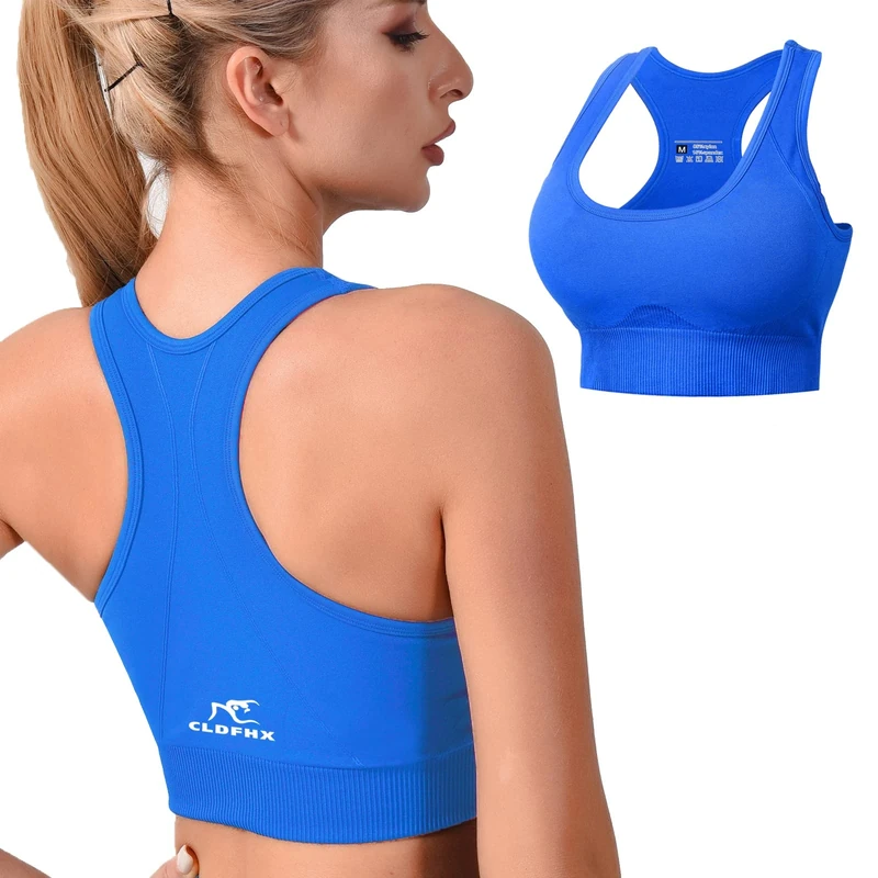 CLDFHX Women Sports Bra High/Mid Impact Support Comfy Seamless Racerback Sports Bras Padded for Fitness Yoga Workout, Blue, 3XL