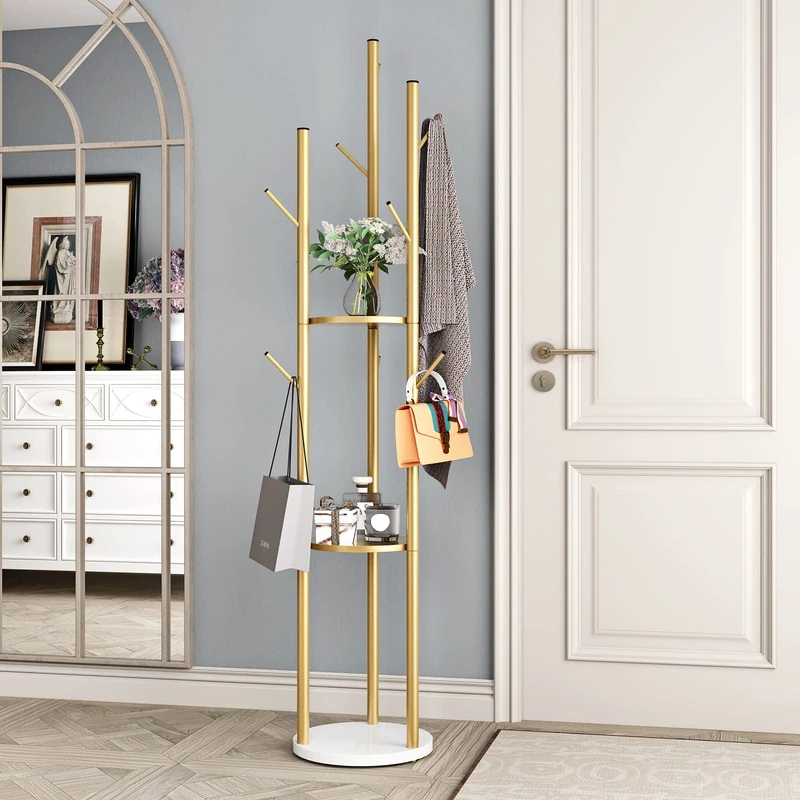 DOORXIFO Metal Gold Coat Stand Freestanding Coat Rack Hallway Tree Coat Rack for Hanging Hats, Scarves, Bags, Modern Coat Rack with Double Shelves, Corner Coat Rack, 9 Hooks