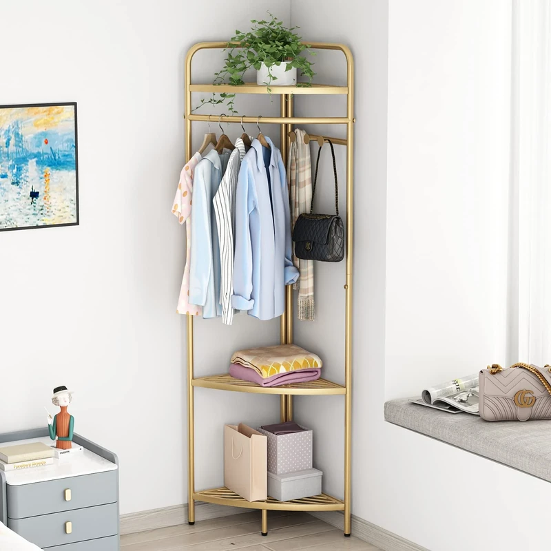 DOORXIFO Corner Gold Clothing Racks Freestanding, Gold Metal Coat Racks with Hooks, Modern Clothes Rack with 3 Tier Shelves for Home,Bedroom,Living Room