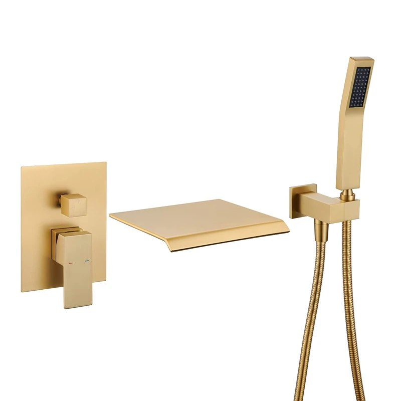 Wowkk Wall Mount Tub Filler Waterfall Roman Tub Faucet Brushed Gold Single Handle Brass Bathroom Bathtub Faucet with Hand Shower