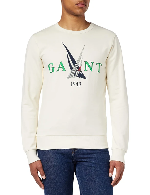 GANT Men's Sail C-Neck Logo Crew Neck Jumper, cream, M - Image 1