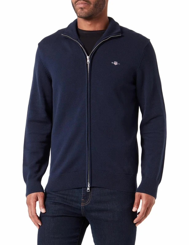 GANT Men's Casual Cotton Zip Cardigan, Evening Blue, M