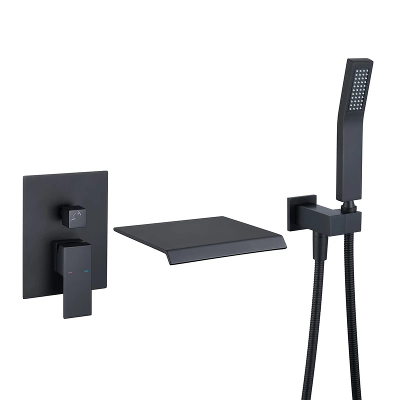 Wowkk Wall Mount Tub Filler Waterfall Roman Tub Faucet Black Single Handle Brass Bathroom Bathtub Faucet with Hand Shower