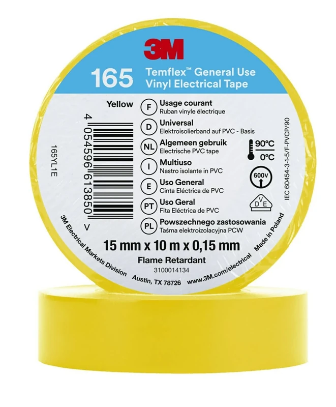 Temflex 3M Vinyl Electrical Tape 165, Yellow, 15 mm x 10 m, 100 Rolls/Case