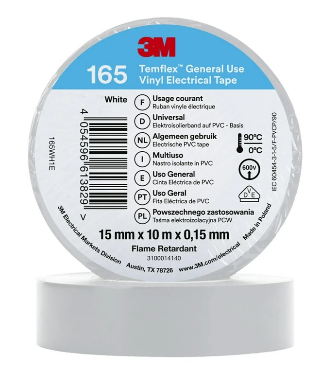 3M Temflex Vinyl Electrical Tape 165, White, 15 mm x 10 m, 100 Rolls/Case