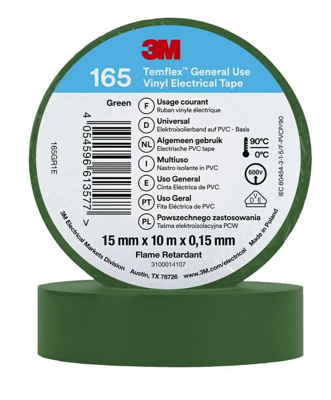 Temflex 3M Vinyl Electrical Tape 165, Green, 15 mm x 10 m, 100 Rolls/Case