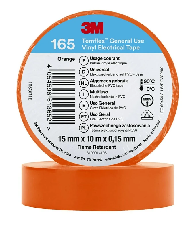 Temflex 3M Vinyl Electrical Tape 165, Orange, 15 mm x 10 m, 100 Rolls/Case
