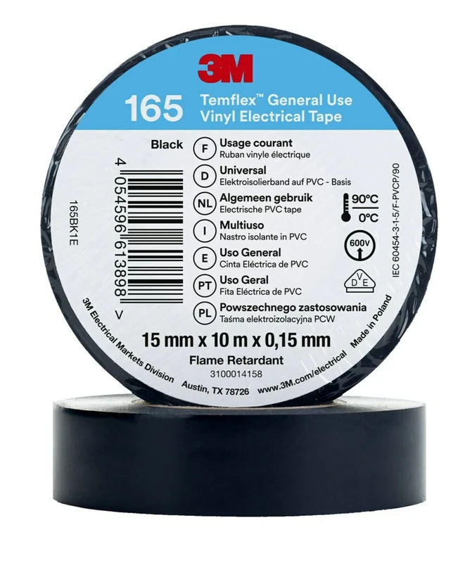 Temflex 3M Vinyl Electrical Tape 165, Black, 15 mm x 10 m, 100 Rolls/Case
