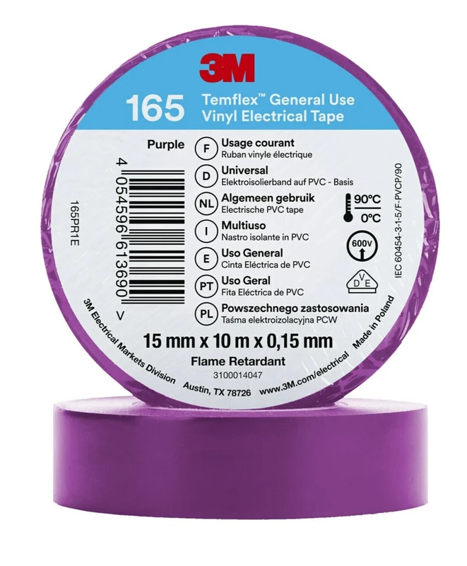 Temflex 3M Vinyl Electrical Tape 165, Purple, 15 mm x 10 m, 100 Rolls/Case
