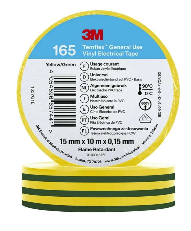 Temflex 3M Vinyl Electrical Tape 165, Green/Yellow, 15 mm x 10 m, 100 Rolls/Case