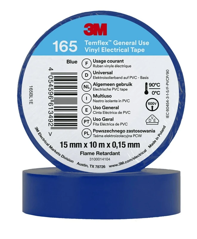 Temflex 3M Vinyl Electrical Tape 165, Blue, 15 mm x 10 m, 100 Rolls/Case