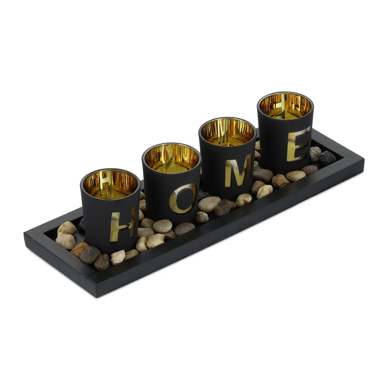 Relaxdays Tealight Holder Set with Tray & Pebbles, 33 cm, Table Centrepiece, Dining Room, Candle Glasses, ‘Home’, Black