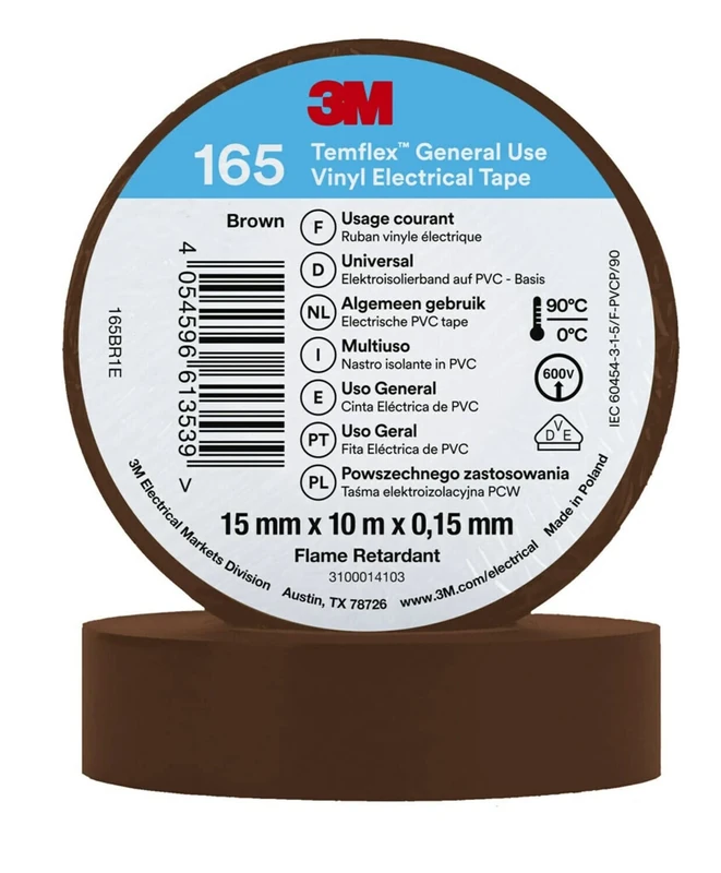Temflex 3M Vinyl Electrical Tape 165, Brown, 15 mm x 10 m, 100 Rolls/Case