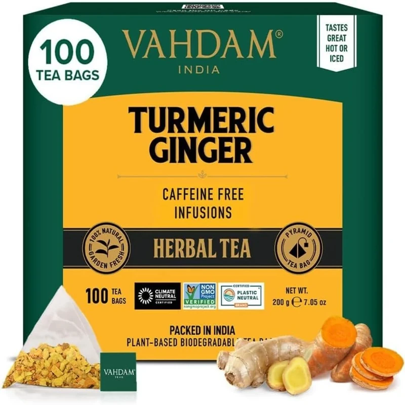 VAHDAM Turmeric Ginger Herbal Tea Bags (100 Pyramid Tea Bags) - Caffeine Free, Blend of 100% Real Spices - Turmeric Tea, Ginger Tea | Powerful Superfood, Herbal Tea