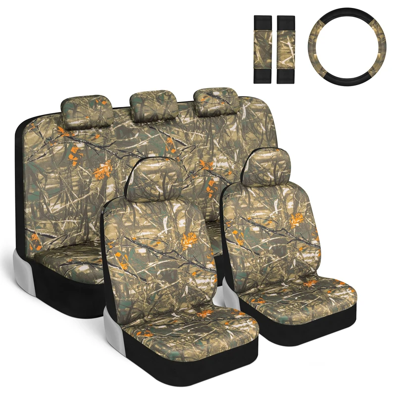 BDK Hunter Camo Car Seat Covers Full Set with Steering Wheel Cover and Seat Belt Pads – Real Mossy Tree Oak Forest Camouflage Pattern, Automotive Front & Bench Back Seat Cover for Cars Trucks SUV - Image 1