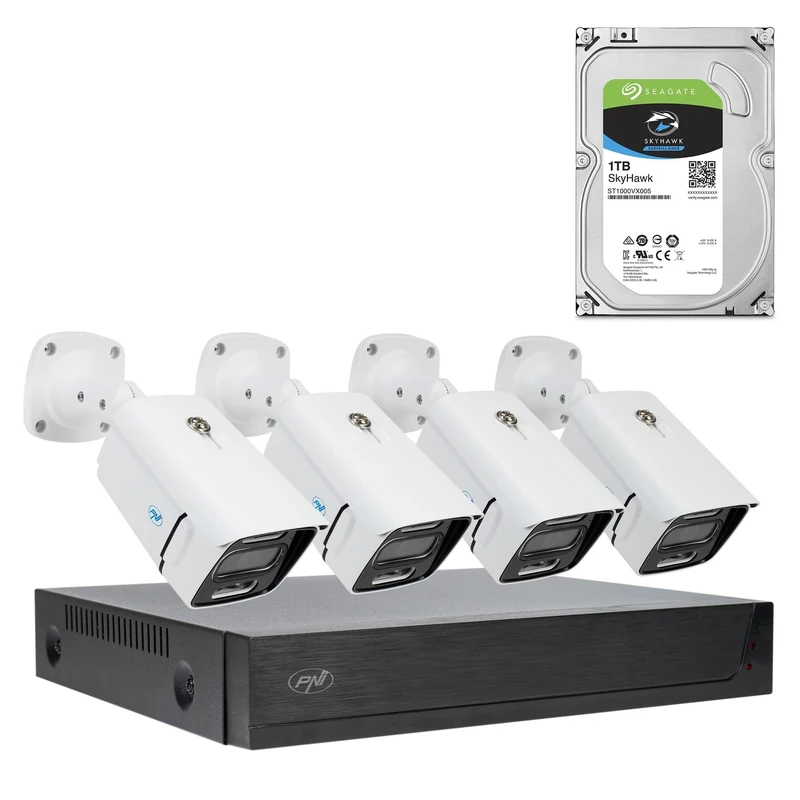 PNI House IPMAX POE 3 Video Surveillance Kit 4 Cameras with 3MP IP Outdoor Power Over Ethernet Motion Detection 1TB HDD