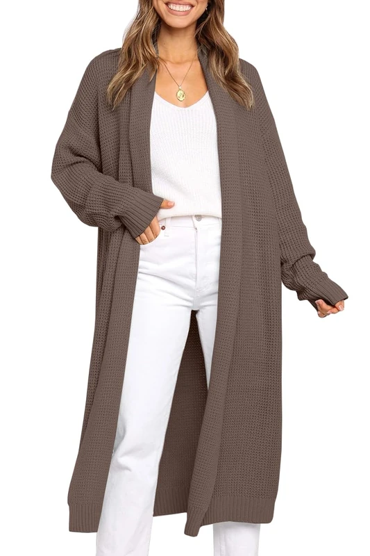 LILLUSORY Women's Oversized Slouchy Knit Chunky Open Front Sweater Coat with Pockets, Khaki, M