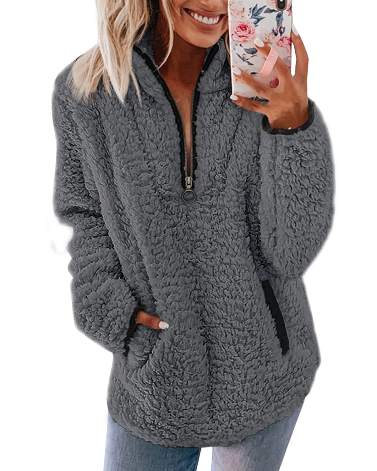 Nilimoph Womens Fleece Jumper Fluffy Pullover Teddy Fleece Sweatshirts Casual Top Fuzzy 1/4 Zip Up Long Sleeve Stand Collar Cozy Coat Tops with Pockets (Dark Grey, M)