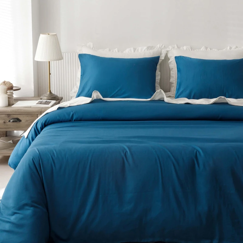 HeimenAogo Egyptian Cotton Duvet Cover King Size Sateen Weave, Silky Soft and Breathable Bedding Set with Zipper Closure, Long Staple Cotton Bed Linen Deep Water Blue 3Pcs