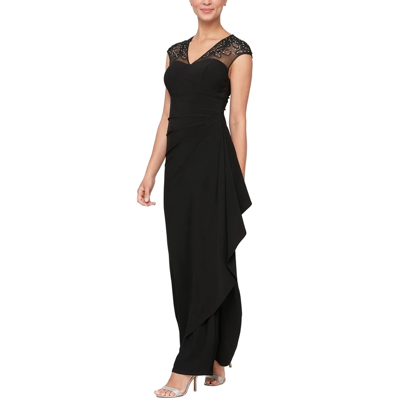 Alex Evenings Women's Long Dress with Knot Front Detail Special Occasion, Black, 18