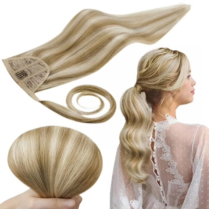 RUNATURE Ponytail Extension Human Hair Blonde Highlight Dark Blonde Wrap Around Ponytail Hair Extensions Human Hair Blonde Ponytail Extension Real Hair 14 Inch 70g
