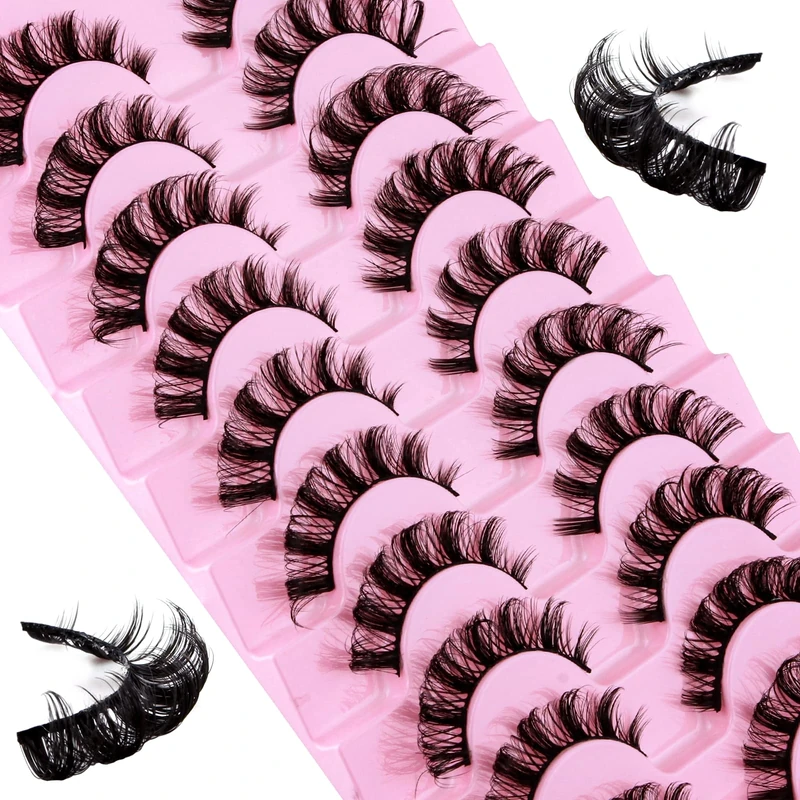 False Eyelashes Russian Strip Lashes D Curl Fluffy Wispy 10 Pairs Reusable Natural Look Faux Mink Volume Fake Handmade Thick Soft Long Dramatic Eyelashes (DH0602)