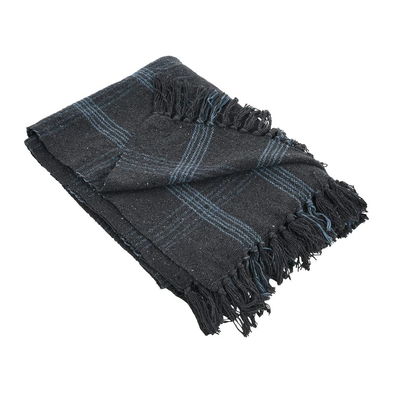 Creative Co-op Recycled Cotton Blend Throw Blanket with Fringe, Grey Plaid