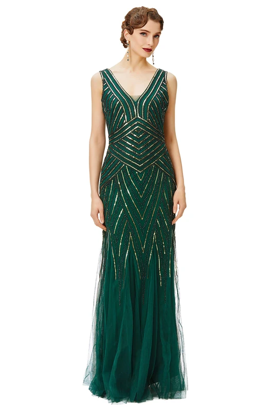 BABEYOND Women's Flapper Dress 1920s V-Neck Evening Gown Sequin Beaded Maxi Dress for Wedding, Green Gold, Large