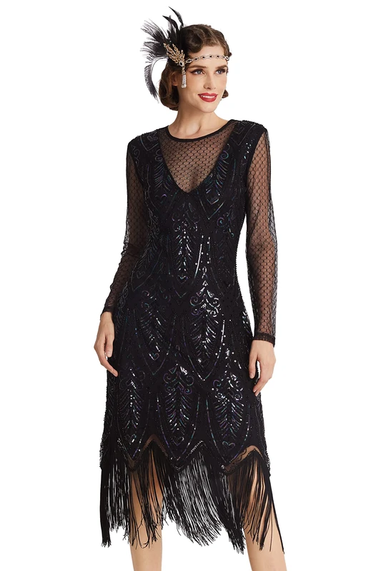 BABEYOND Women's Gatsby Dress - Flapper Dress 1920s Long Sleeves Sequin Beaded Dress for Party Black, Black, L