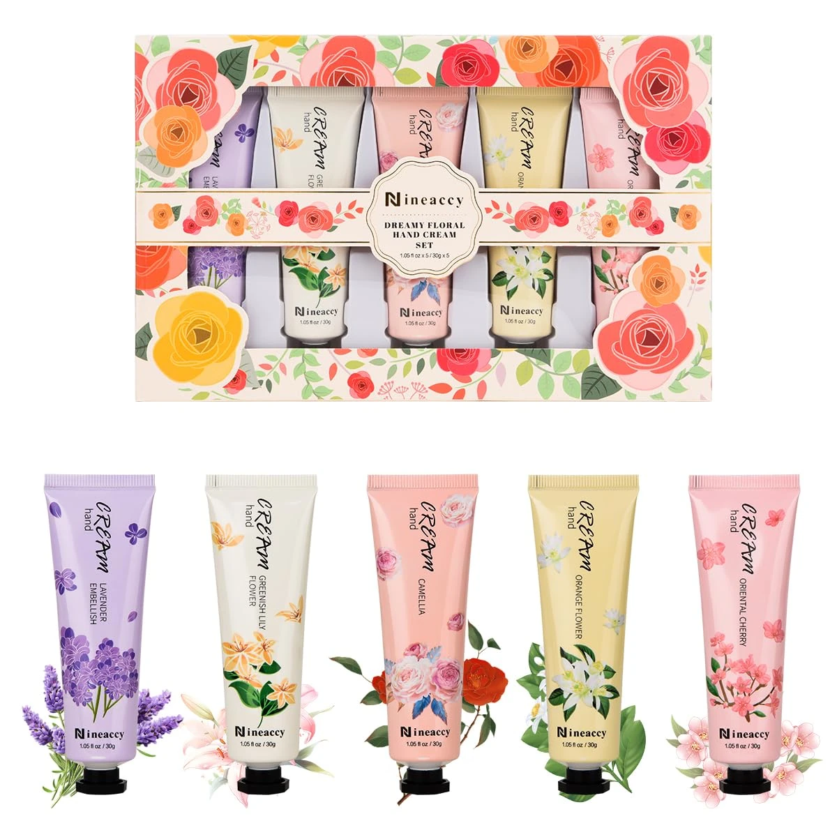 Nineaccy Floral assorted Hand Cream Set, 5 x 30ml，Pack of 5，Friendly to all skin，Gifts for Women, Mother's Day Gifts