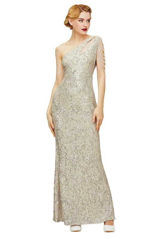 BABEYOND Women's Sequin Prom Dress - One Shoulder Maxi Dress Gowns and Evening Dresses for Party Wedding Guest, Silver, Large - Image 1