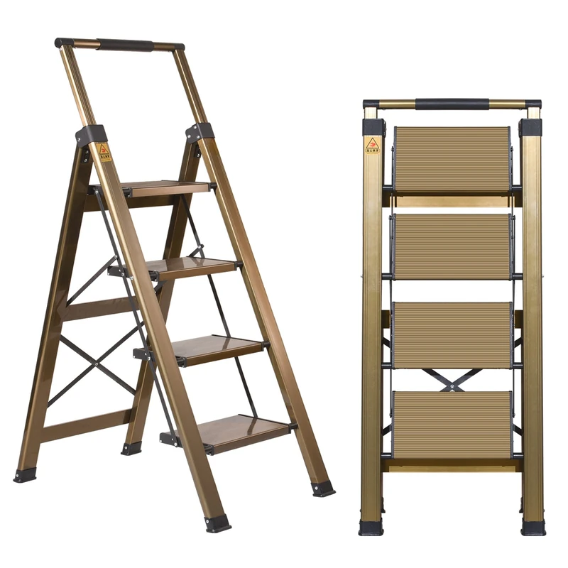 XinSunho 4 Step Ladder, Aluminum 4 Step Stool with Retractable Handrail and Anti-Slip Wide Pedal, Folding Stool Ladders 4 Steps, 330lbs Safety Household Slim Ladder - Image 1