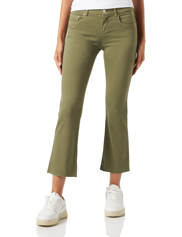 REPLAY Women's Jeans Flared Trousers Faaby Flare Crop Flare-Fit, Light Military 833 (Green), 25W