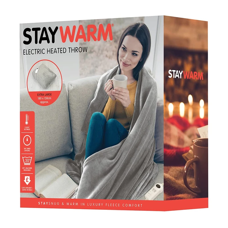 STAYWARM Heated Throw - Electric Comfort Blanket - Digital Controller - Timer up to 12 hours, 9 Heat Settings, Auto Shut off - Economical - Machine Washable - 180 x 130cm - Grey - F2851GR One Size
