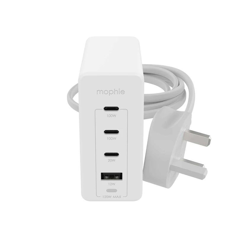 ZAGG mophie Speedport 120W 4-Ports USB-C & USB-A Fast Charger, UK Wall Adapter for SmartPhones, Tablets, & Laptops - GaN, Ultra-Compact, Travel-Friendly, Charges 4 Devices Simultaneously (White)