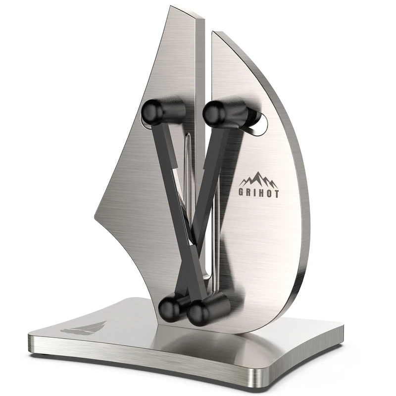 Grihot Professional Knife Sharpener | 3-Action Knife Sharpeners for Kitchen Knives, Self-Adjusting Sharpening AngleSolid Stainless Steel and Tungsten Carbide (Upgrade Sailboat Shape)