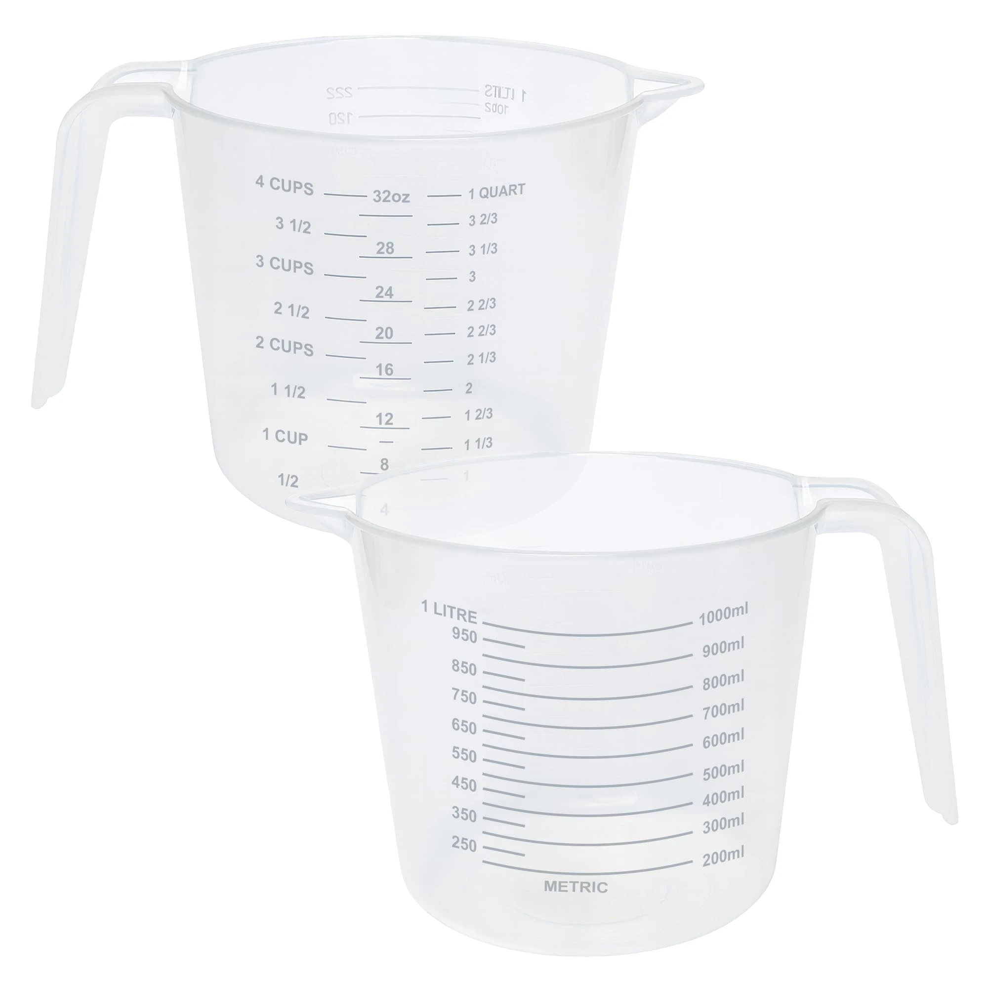 Set of 2 Plastic Lightweight 1L Measuring Jugs, Sturdy and Hardwearing, Easily Storable and Stackable, Measuring Scale Markings on The Side in ml and Ounces, BPA Free (1L Two Pack)