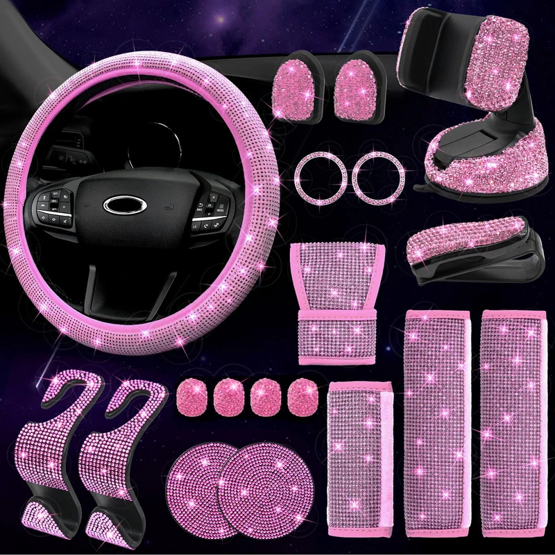 19 Pack Bling Car Accessories for Women - Universal Fit 15 Inch Steering Wheel Cover, Car Seat Belt Covers, Gear Shift Cover, Phone Holder, Rhinestone Cup Coasters (Pink)